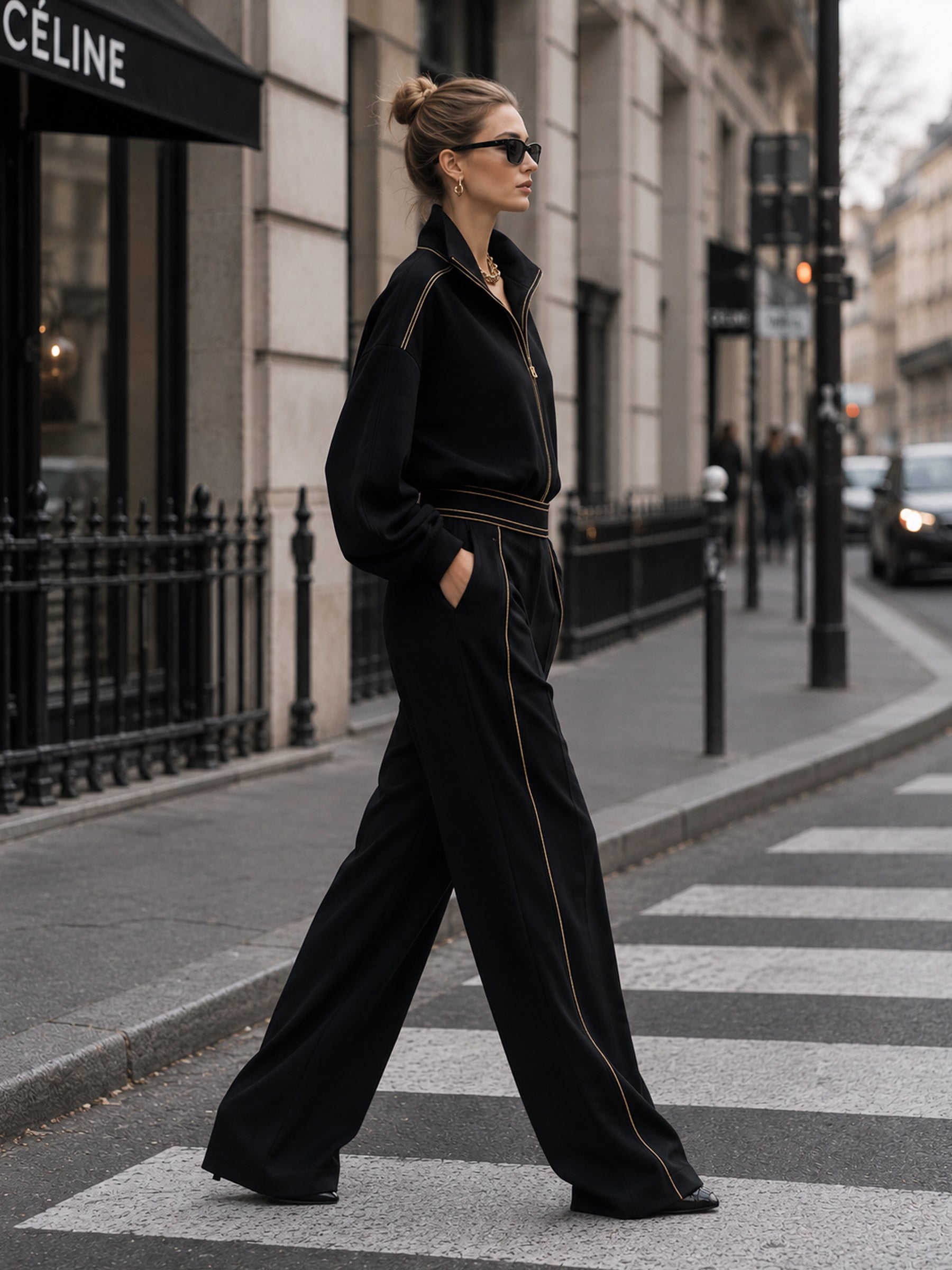 Luxe Gold-Trimmed Black Two-Piece Tracksuit Set