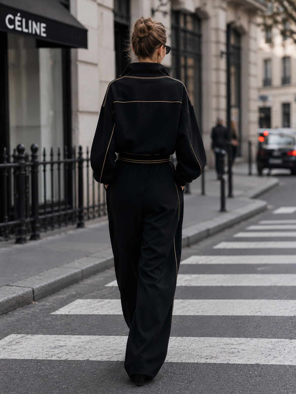 Luxe Gold-Trimmed Black Two-Piece Tracksuit Set