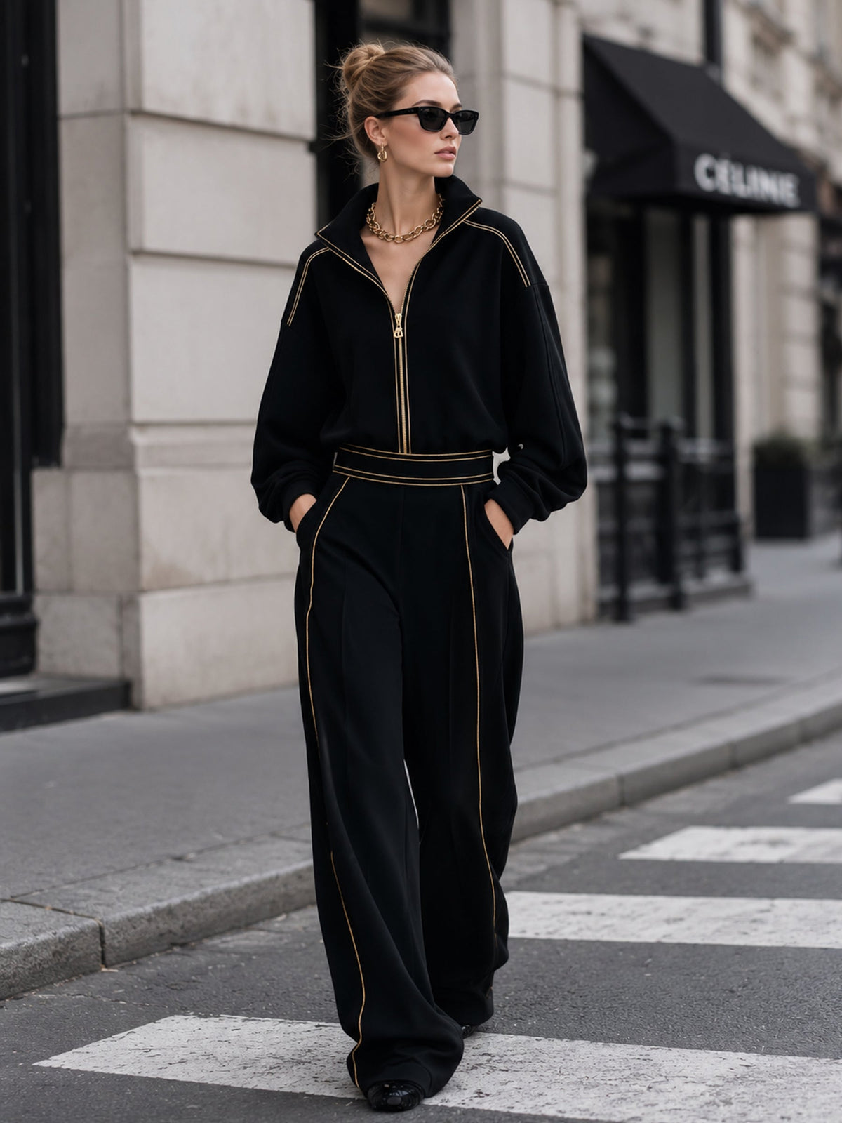 Luxe Gold-Trimmed Black Two-Piece Tracksuit Set