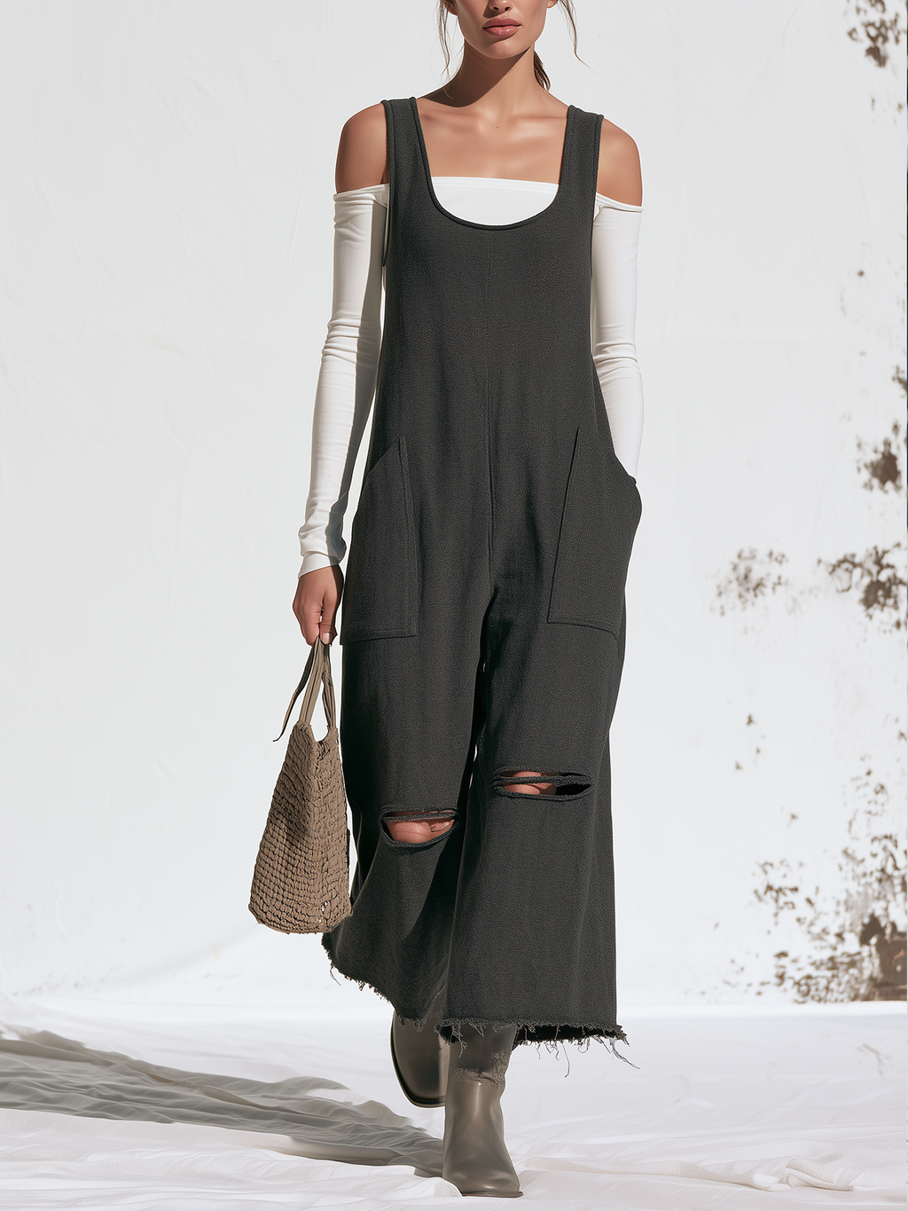 Distressed French Terry Sleeveless Wide‑Leg Overall Jumpsuit