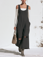 Distressed French Terry Sleeveless Wide‑Leg Overall Jumpsuit