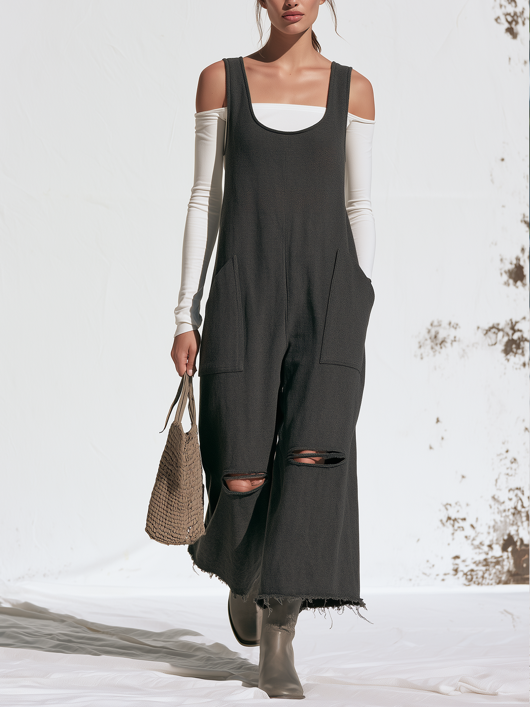 Distressed French Terry Sleeveless Wide‑Leg Overall Jumpsuit