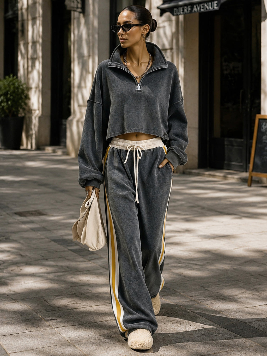 Women’s Oversized Half Zip Pullover & Wide Leg Sweatpants Set – Premium Casual Streetwear Tracksuit