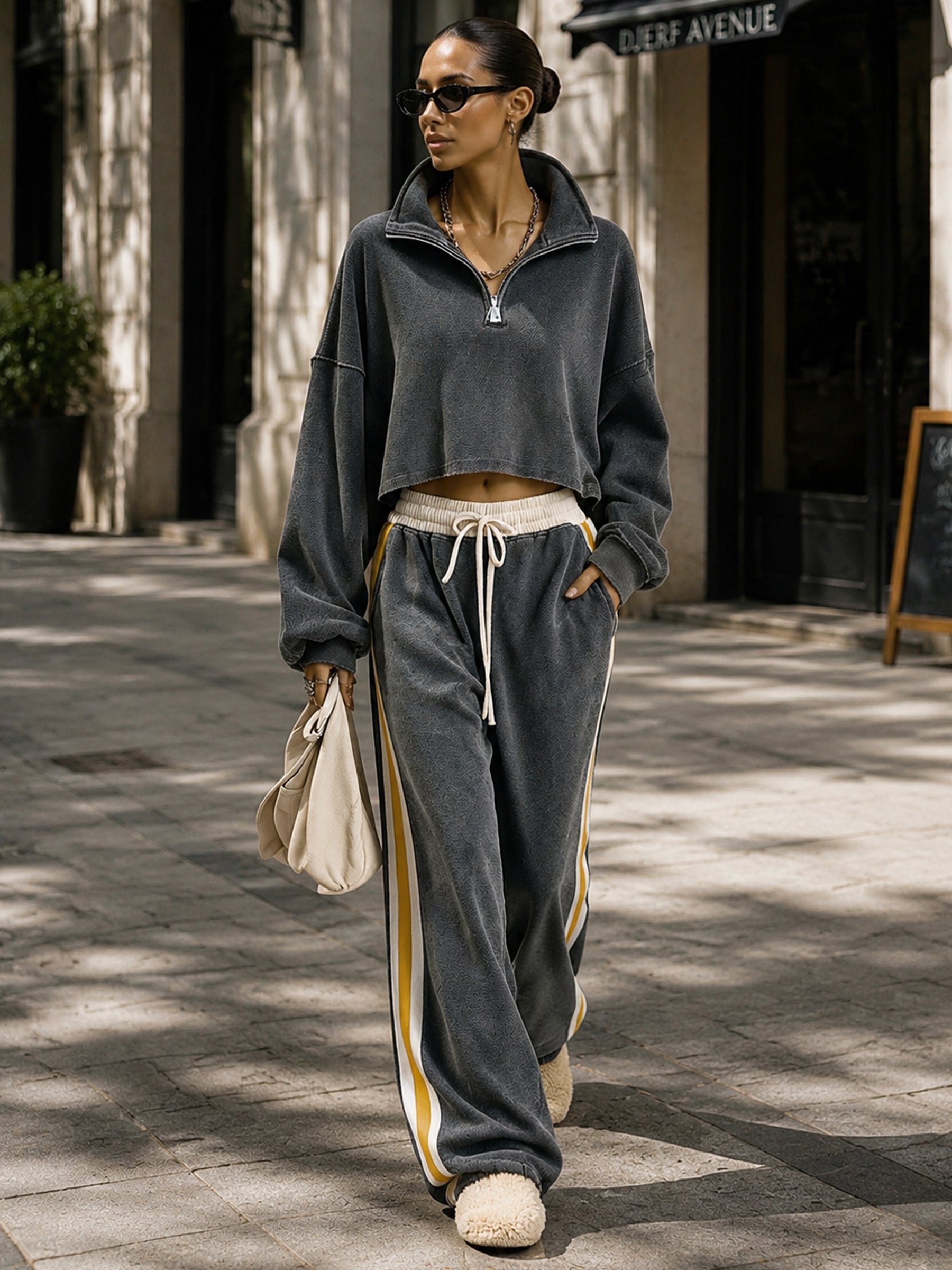 Women’s Oversized Half Zip Pullover & Wide Leg Sweatpants Set – Premium Casual Streetwear Tracksuit
