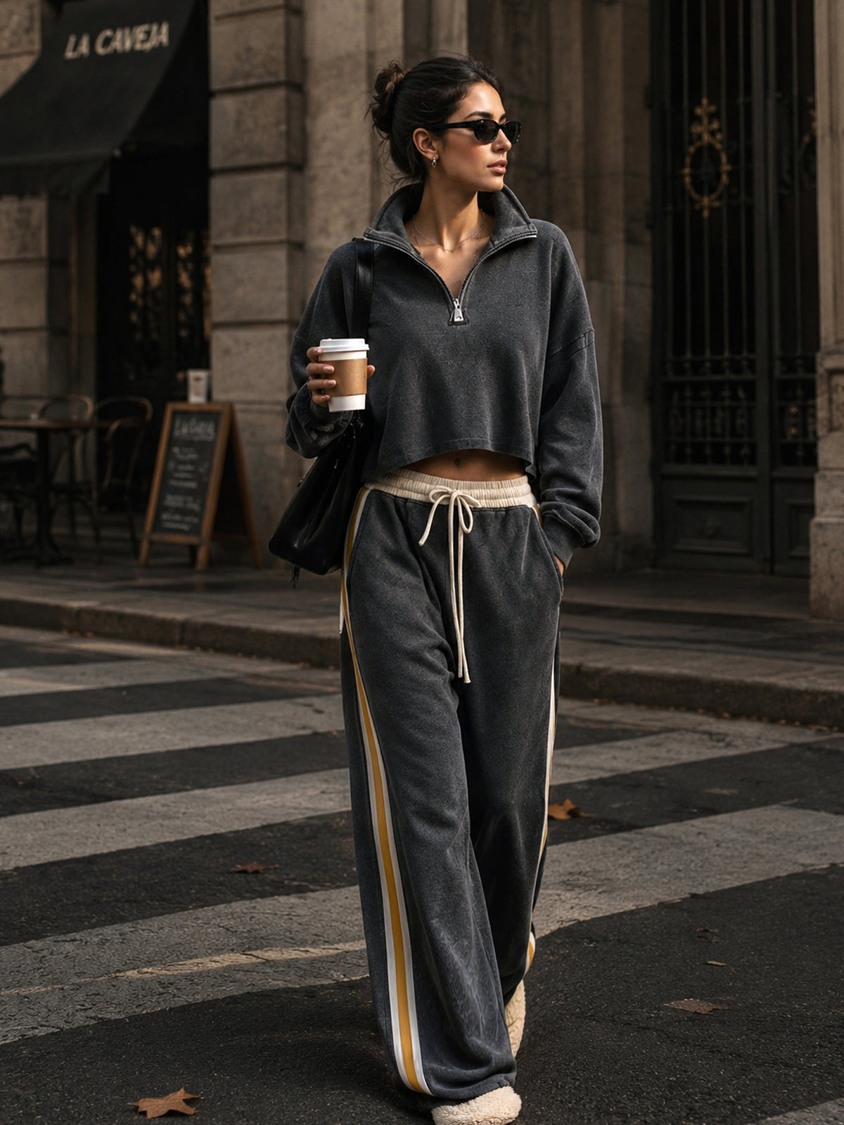 Women’s Oversized Half Zip Pullover & Wide Leg Sweatpants Set – Premium Casual Streetwear Tracksuit