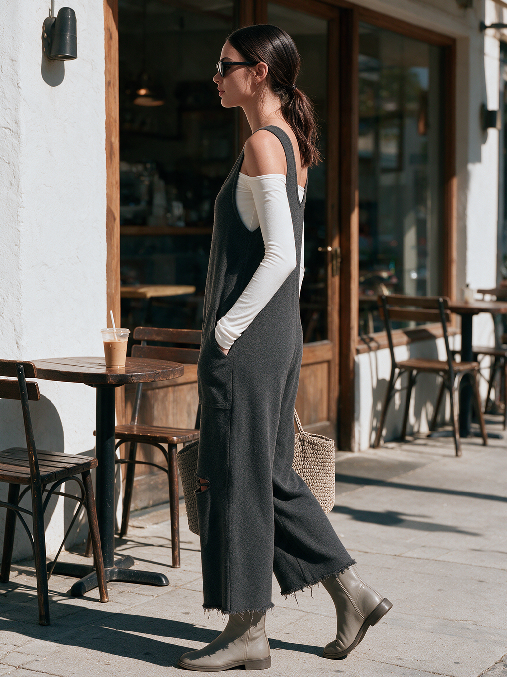 Distressed French Terry Sleeveless Wide‑Leg Overall Jumpsuit