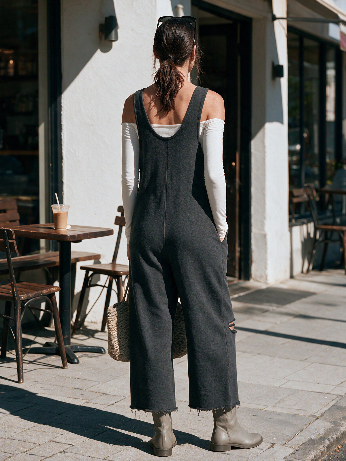 Distressed French Terry Sleeveless Wide‑Leg Overall Jumpsuit