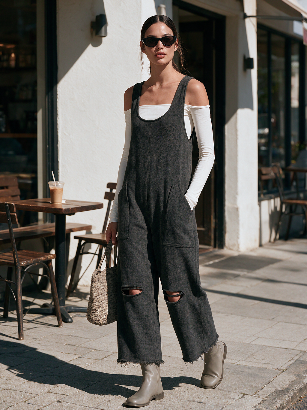 Distressed French Terry Sleeveless Wide‑Leg Overall Jumpsuit