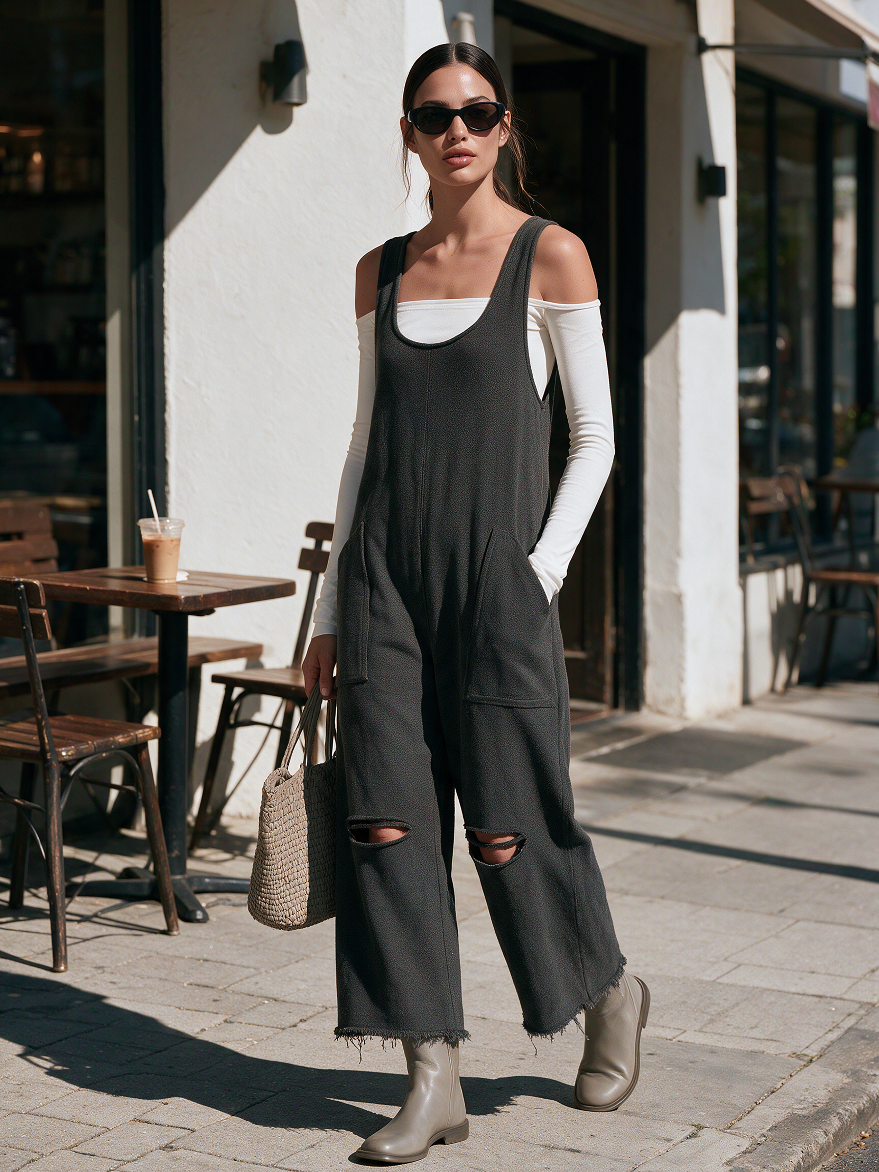 Distressed French Terry Sleeveless Wide‑Leg Overall Jumpsuit