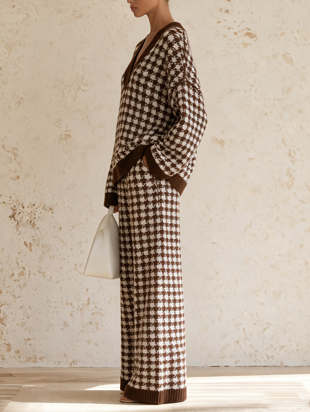 Houndstooth V-Neck Knit Two-Piece Set