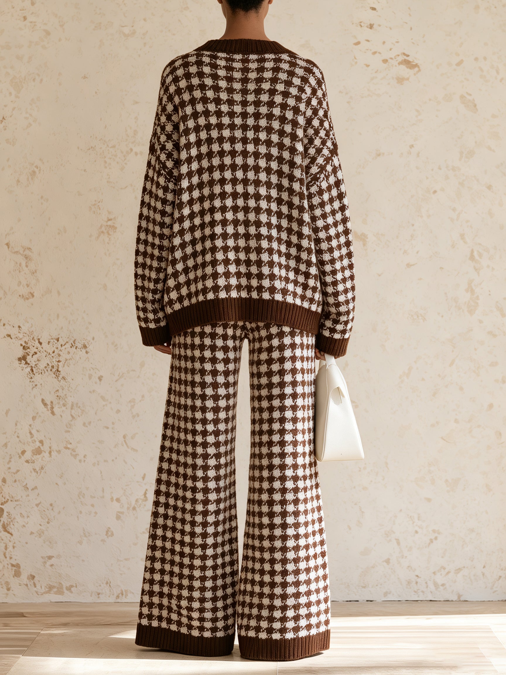 Houndstooth V-Neck Knit Two-Piece Set