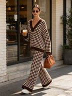 Houndstooth V-Neck Knit Two-Piece Set