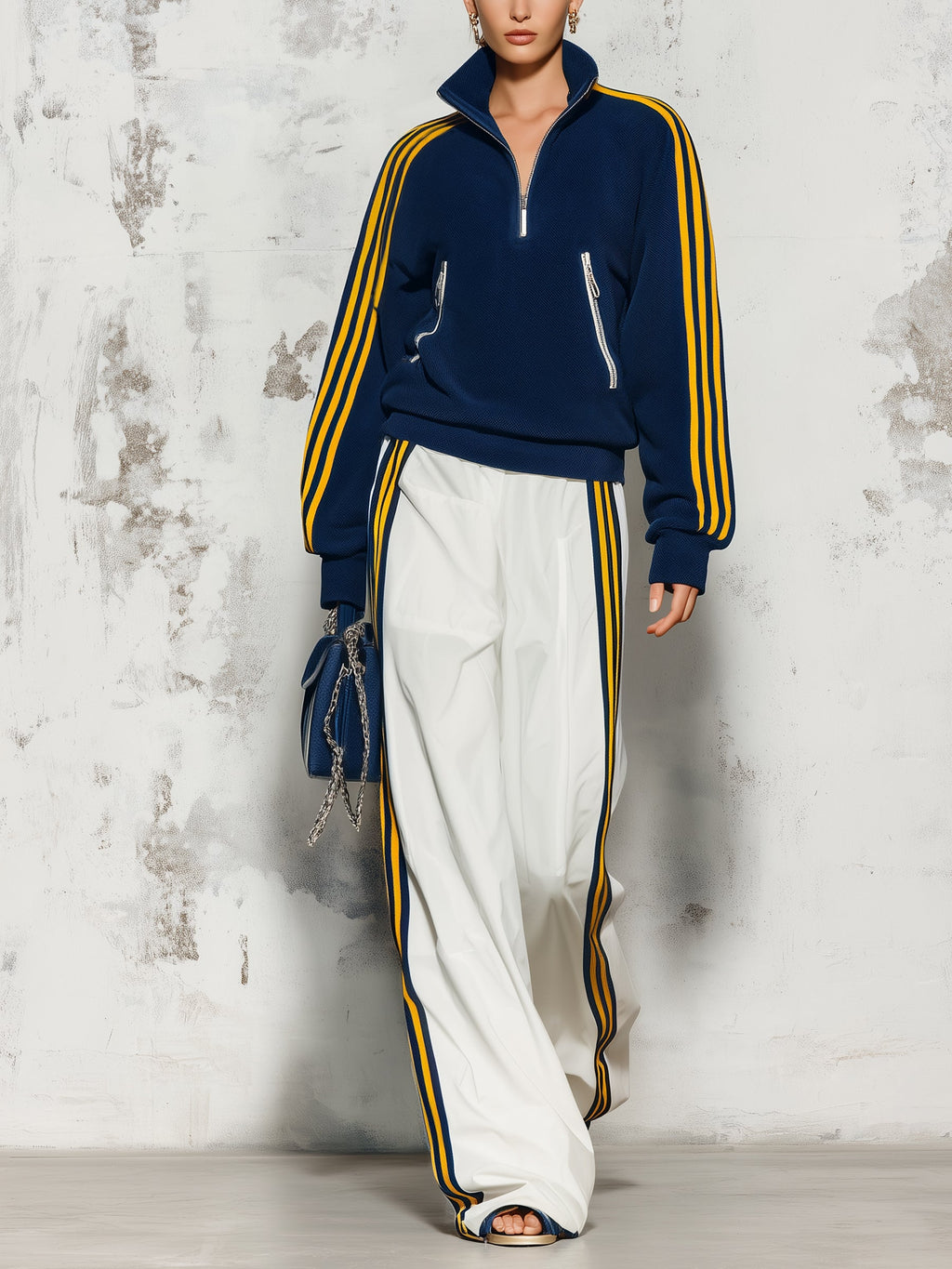 Women’s Navy Blue & White Striped Track Jacket & Wide-Leg Pants Set