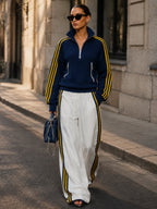 Women’s Navy Blue & White Striped Track Jacket & Wide-Leg Pants Set