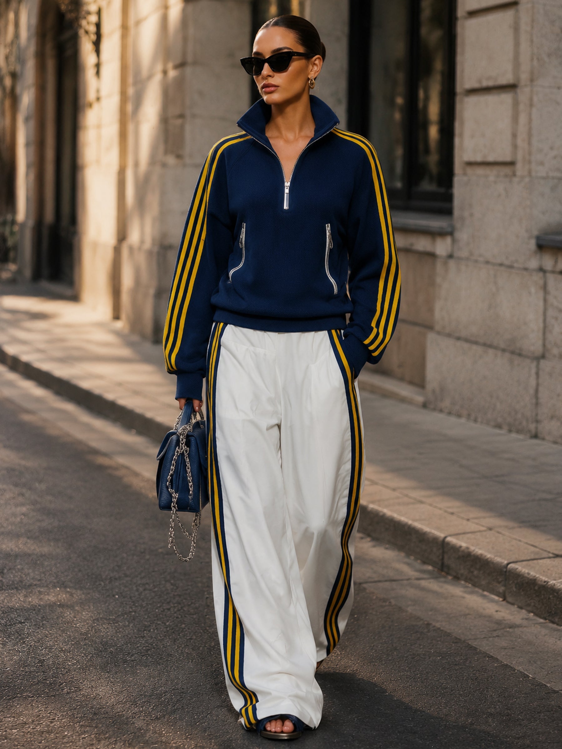 Women’s Navy Blue & White Striped Track Jacket & Wide-Leg Pants Set