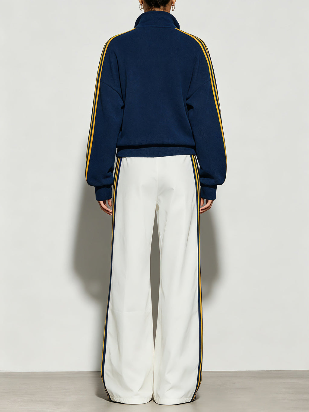 Women’s Navy Blue & White Striped Track Jacket & Wide-Leg Pants Set