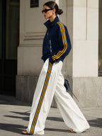 Women’s Navy Blue & White Striped Track Jacket & Wide-Leg Pants Set