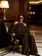 Contrast Piping Cold‑Shoulder Top & Wide‑Leg Pants Two‑Piece Set