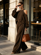 Contrast Piping Cold‑Shoulder Top & Wide‑Leg Pants Two‑Piece Set