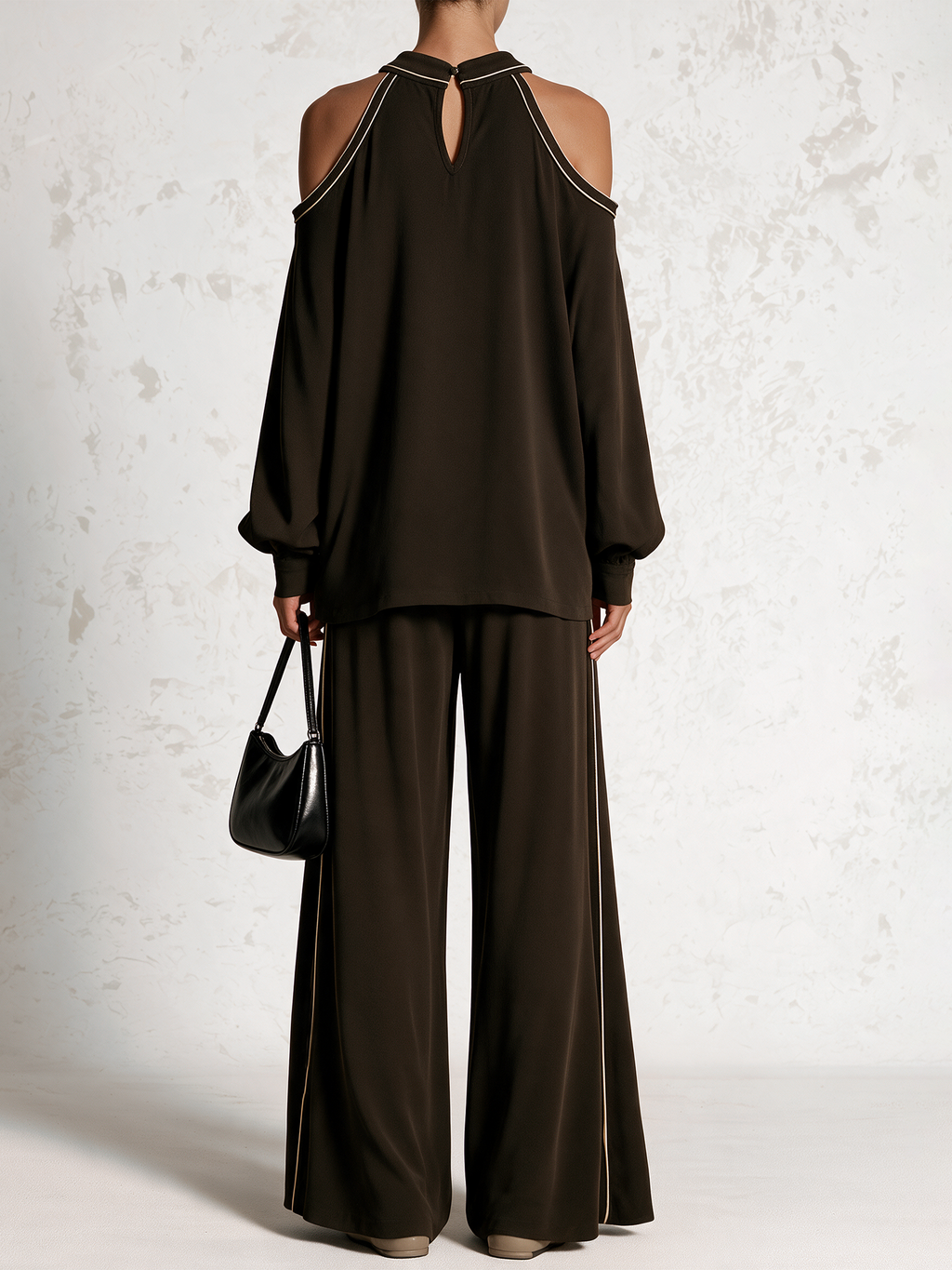 Contrast Piping Cold‑Shoulder Top & Wide‑Leg Pants Two‑Piece Set