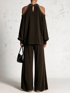 Contrast Piping Cold‑Shoulder Top & Wide‑Leg Pants Two‑Piece Set