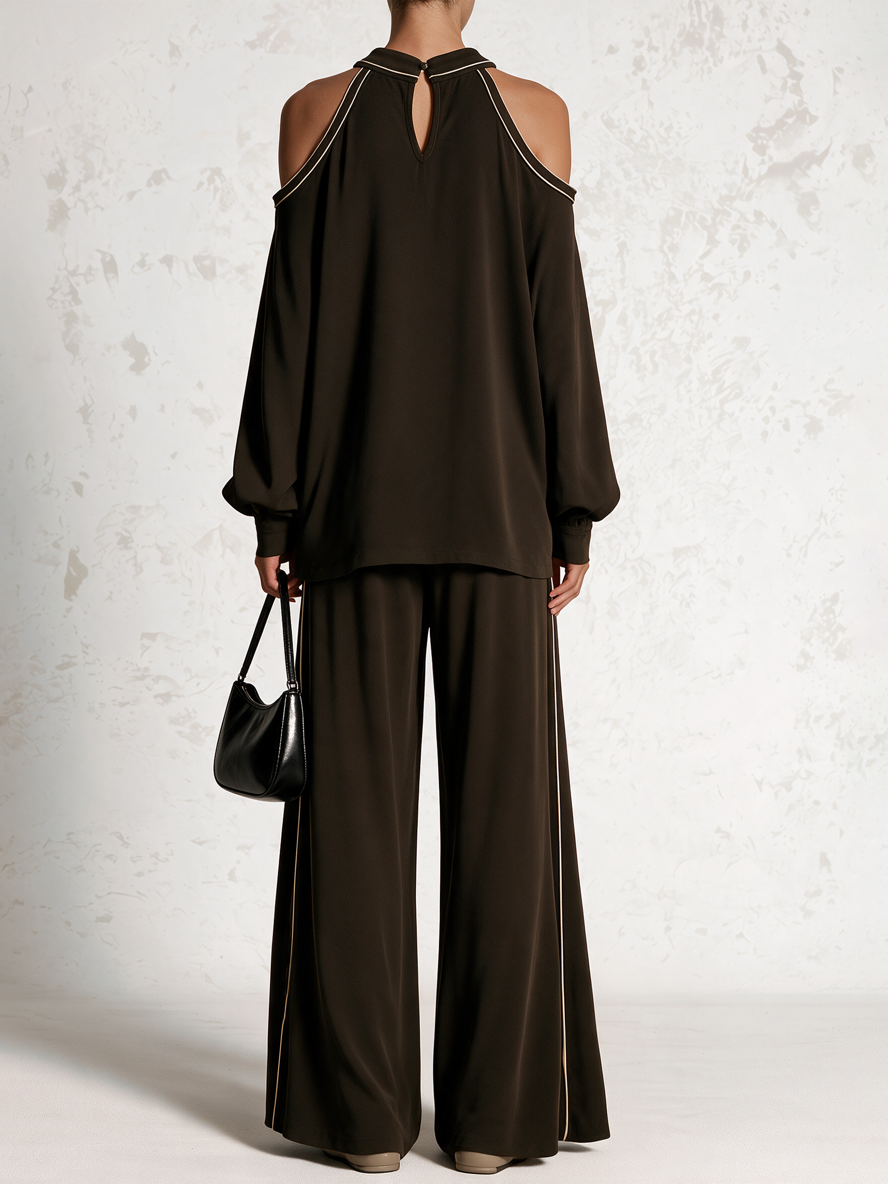 Contrast Piping Cold‑Shoulder Top & Wide‑Leg Pants Two‑Piece Set
