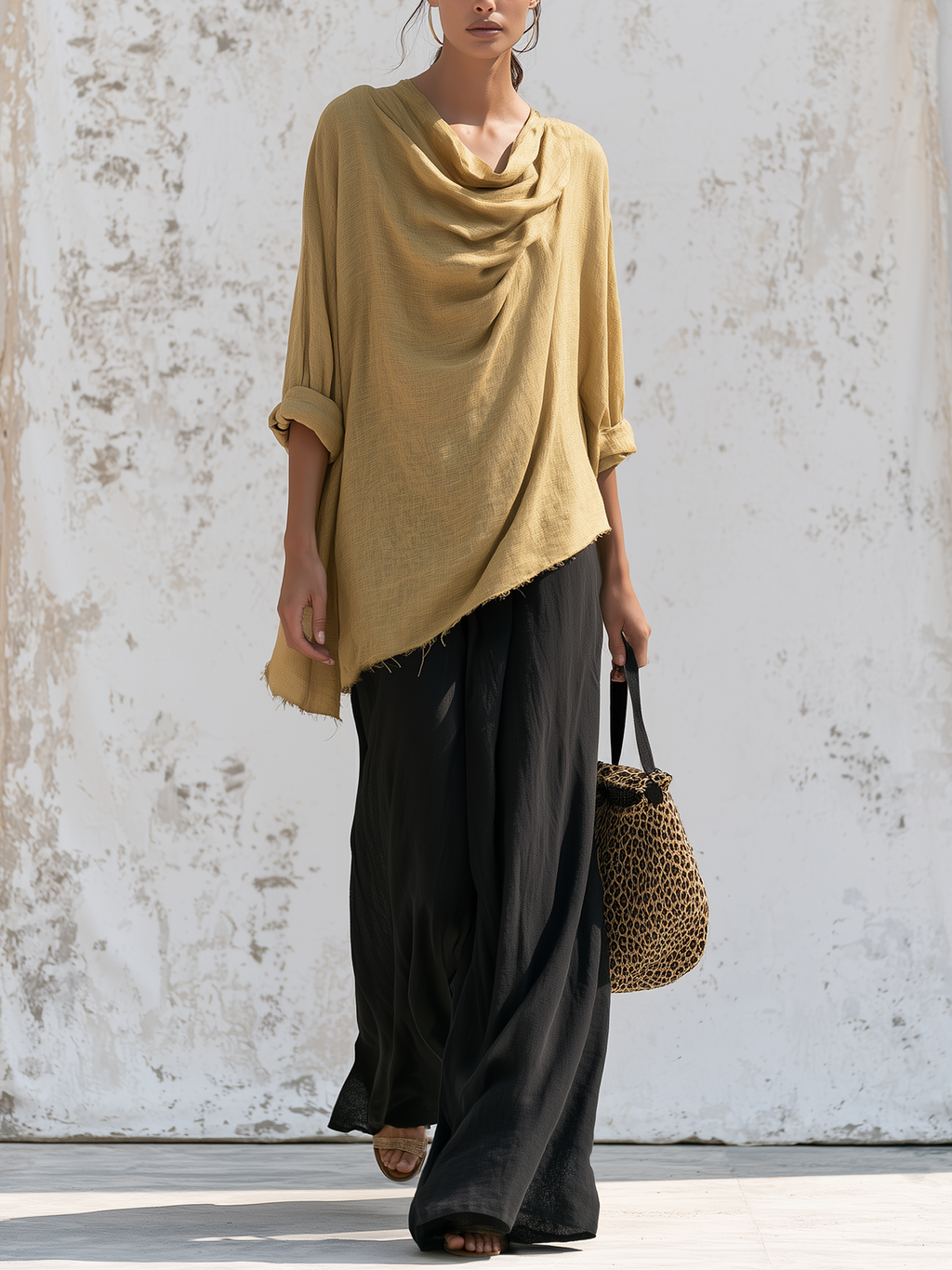 Cowl Neck Asymmetrical Top & Wide‑Leg Pants Two‑Piece Linen Set