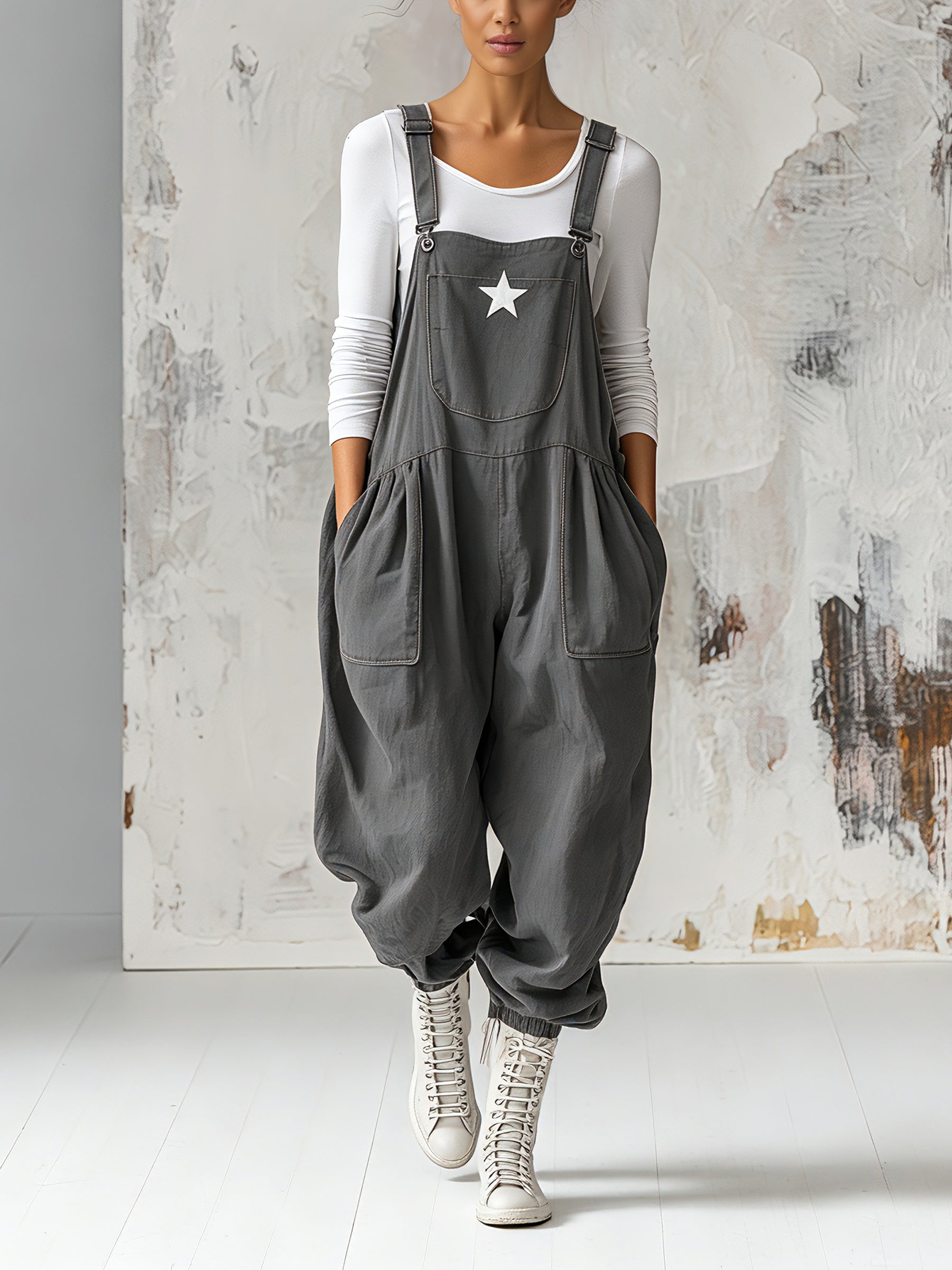 Women’s Casual Star Patch Bib Overalls