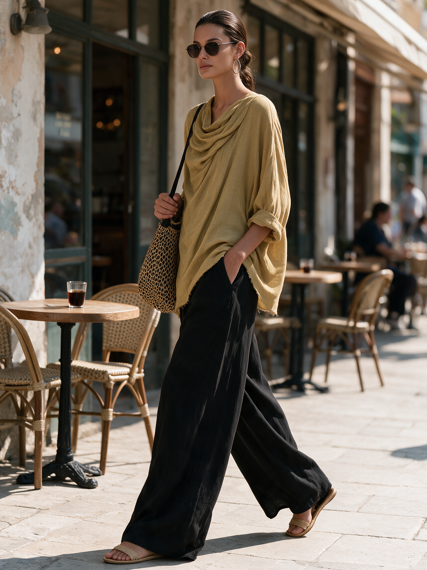 Cowl Neck Asymmetrical Top & Wide‑Leg Pants Two‑Piece Linen Set