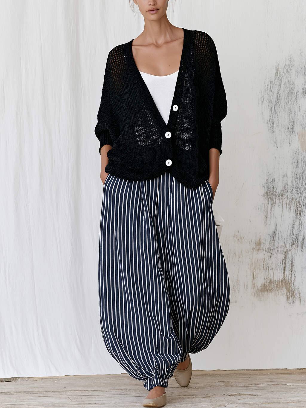 Open‑Knit Button Cardigan & Striped Balloon Pants Two‑Piece Set