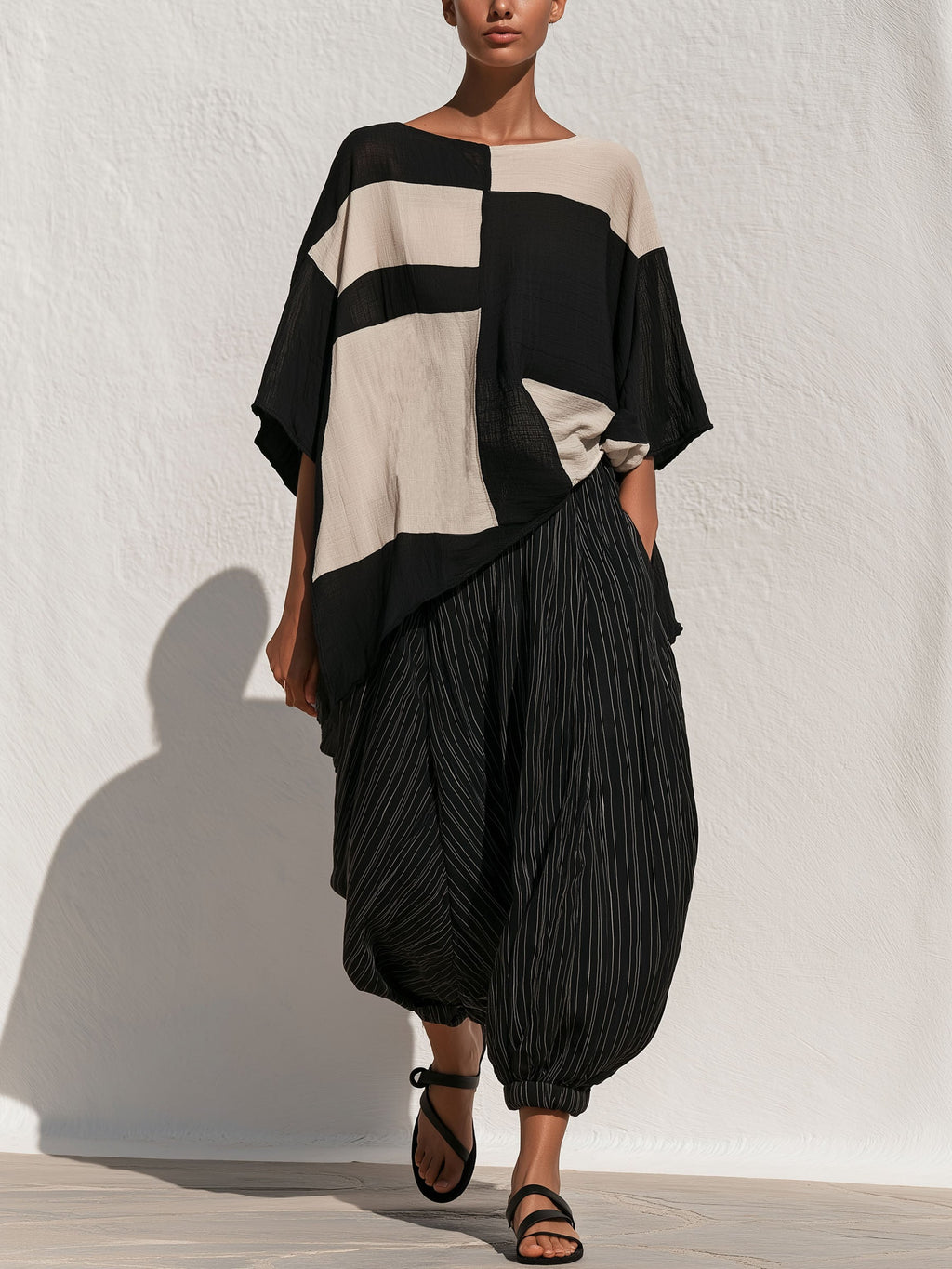 Geometric Color‑Block Asymmetrical Top & Stripe Harem Pants 2‑Piece Set