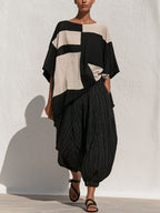 Geometric Color‑Block Asymmetrical Top & Stripe Harem Pants 2‑Piece Set