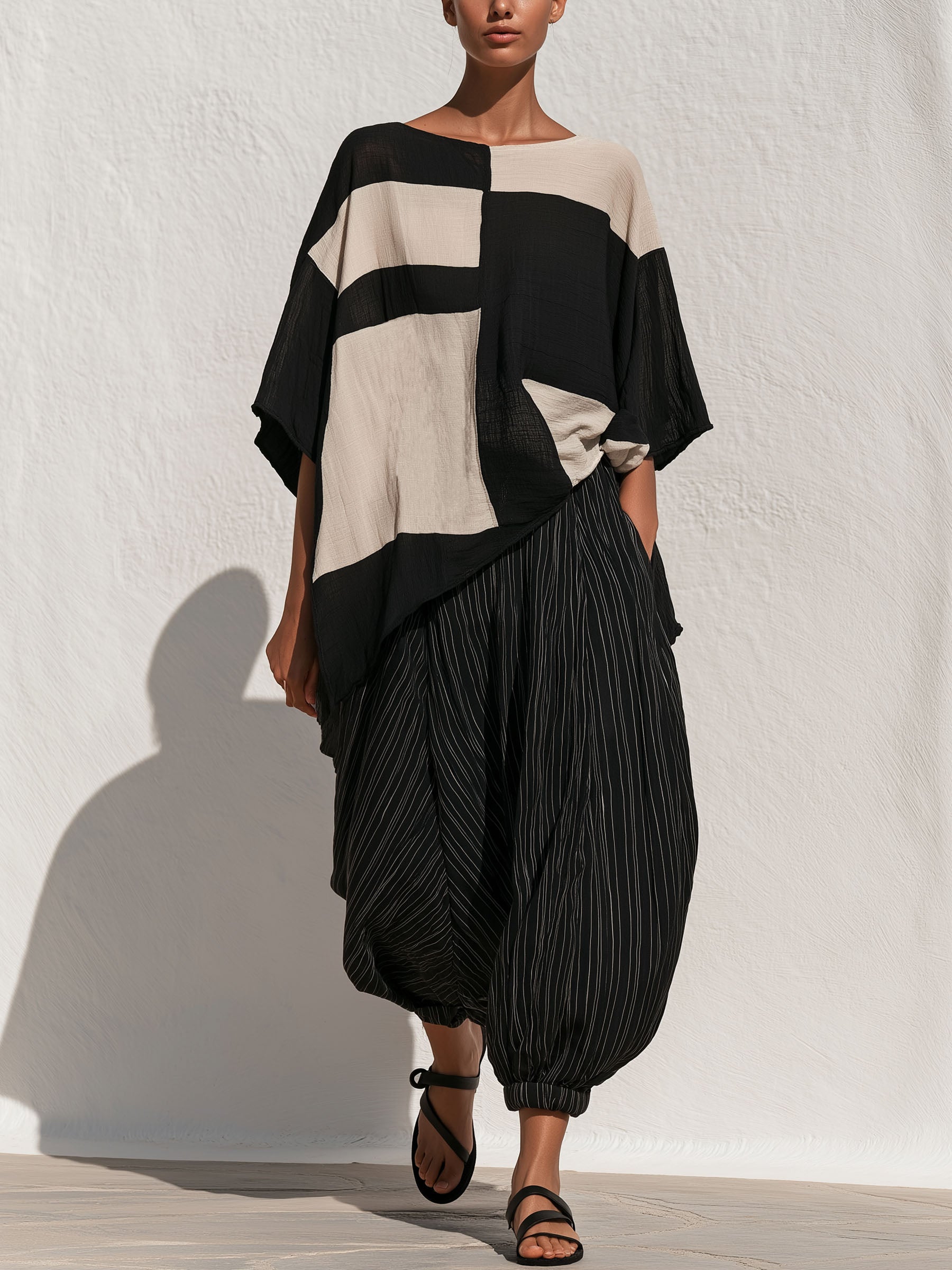 Geometric Color‑Block Asymmetrical Top & Stripe Harem Pants 2‑Piece Set