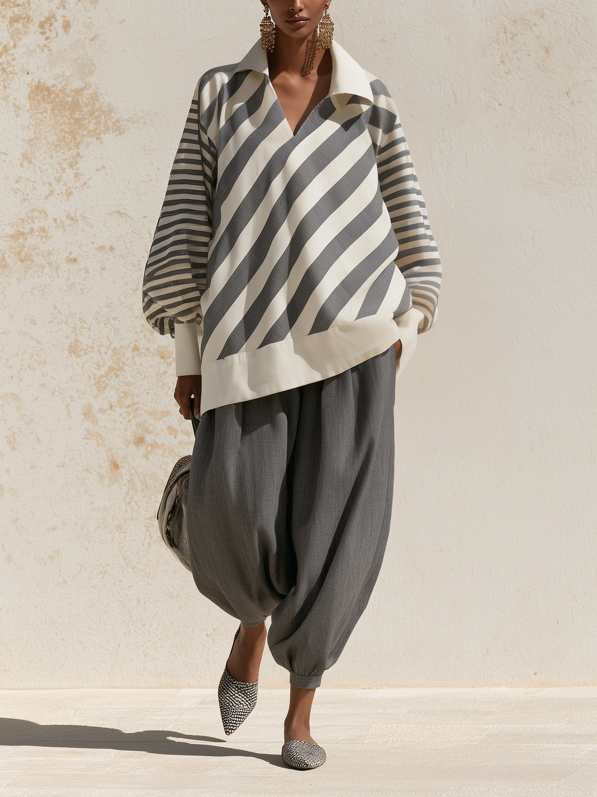 Striped V-Neck Shirt & Harem Pants Set