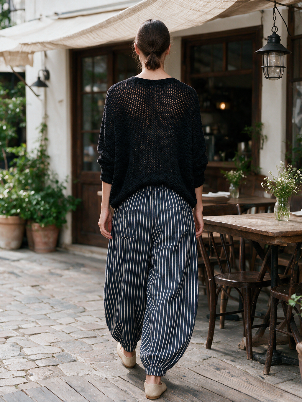 Open‑Knit Button Cardigan & Striped Balloon Pants Two‑Piece Set