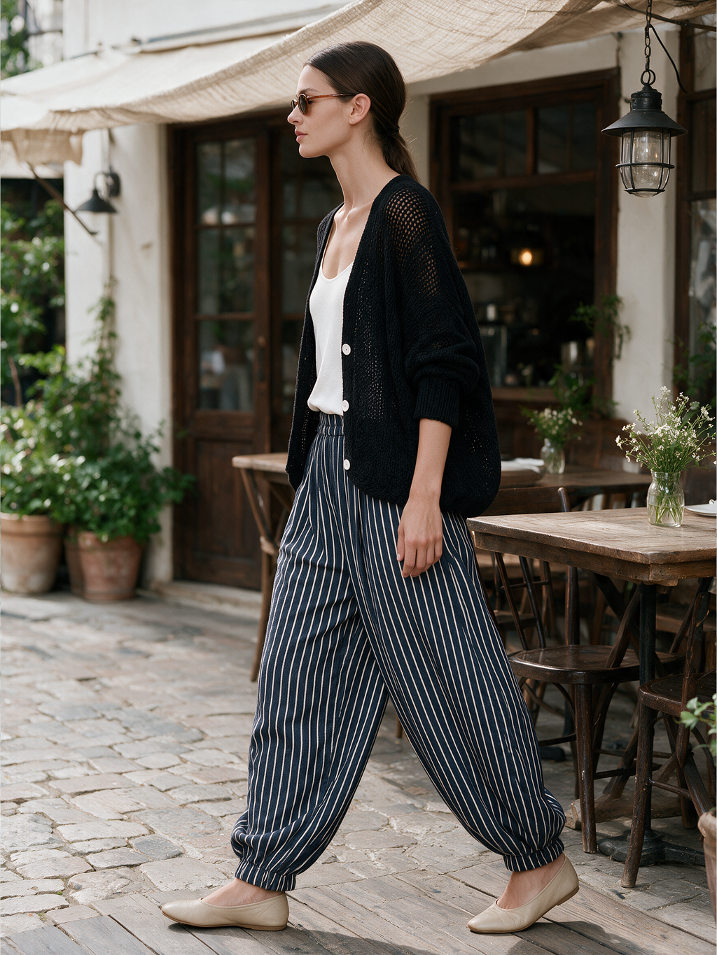 Open‑Knit Button Cardigan & Striped Balloon Pants Two‑Piece Set