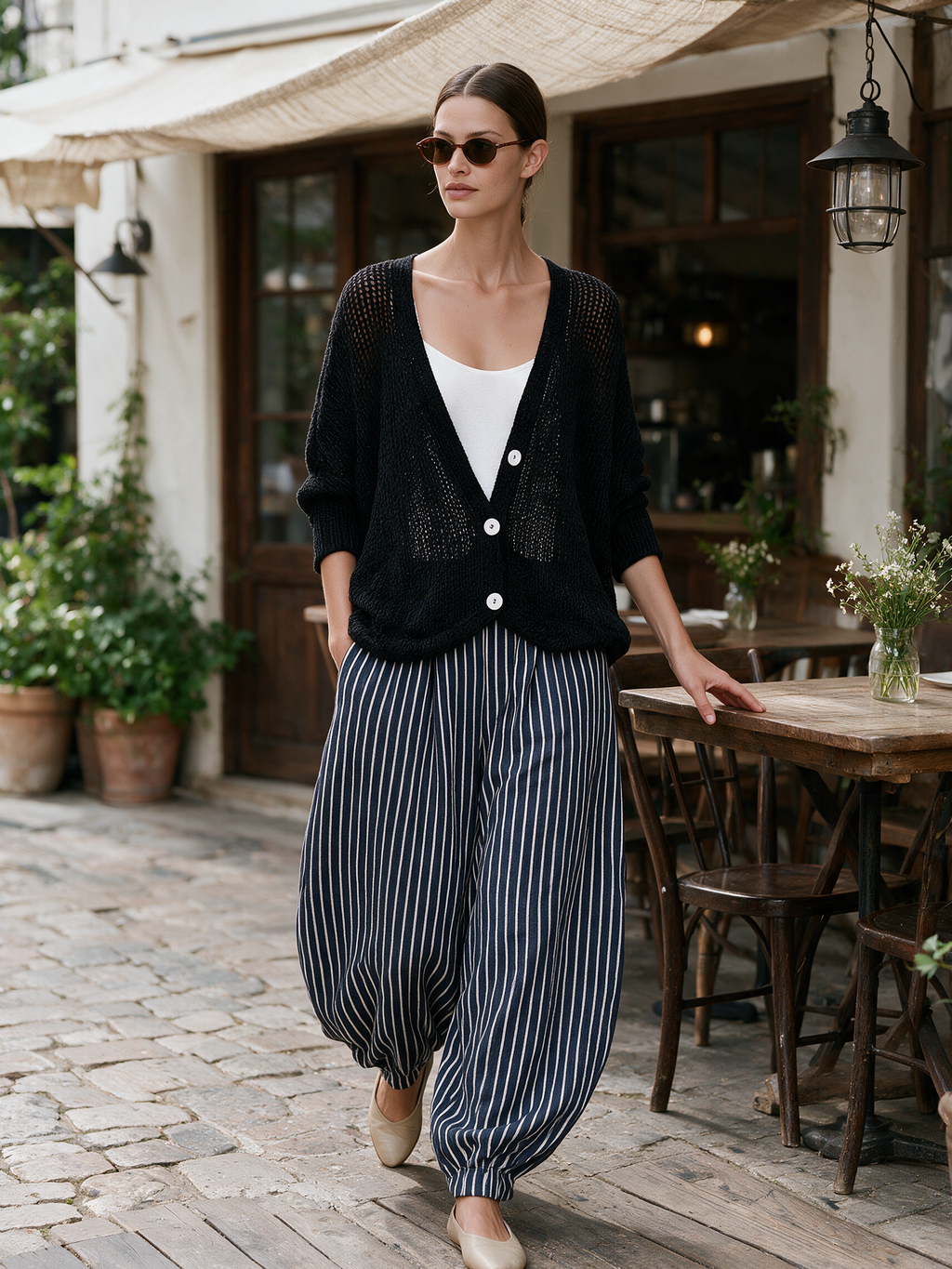 Open‑Knit Button Cardigan & Striped Balloon Pants Two‑Piece Set