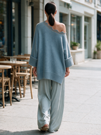Lace Trim Off‑Shoulder Oversized Knit Sweater