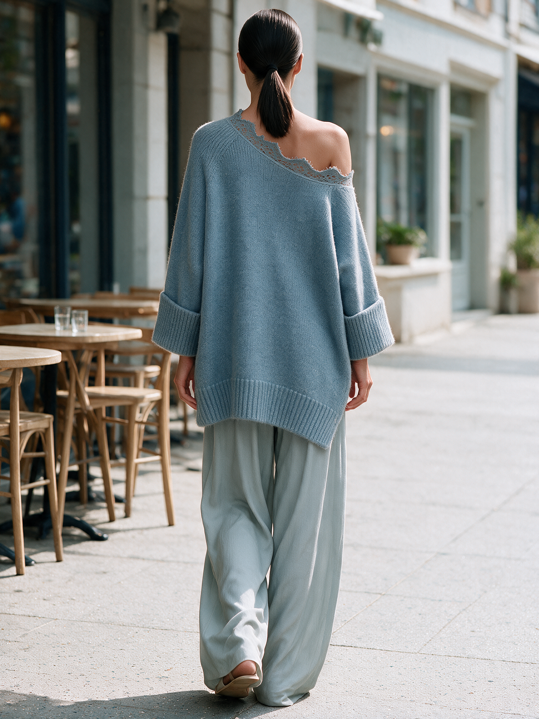 Lace Trim Off‑Shoulder Oversized Knit Sweater