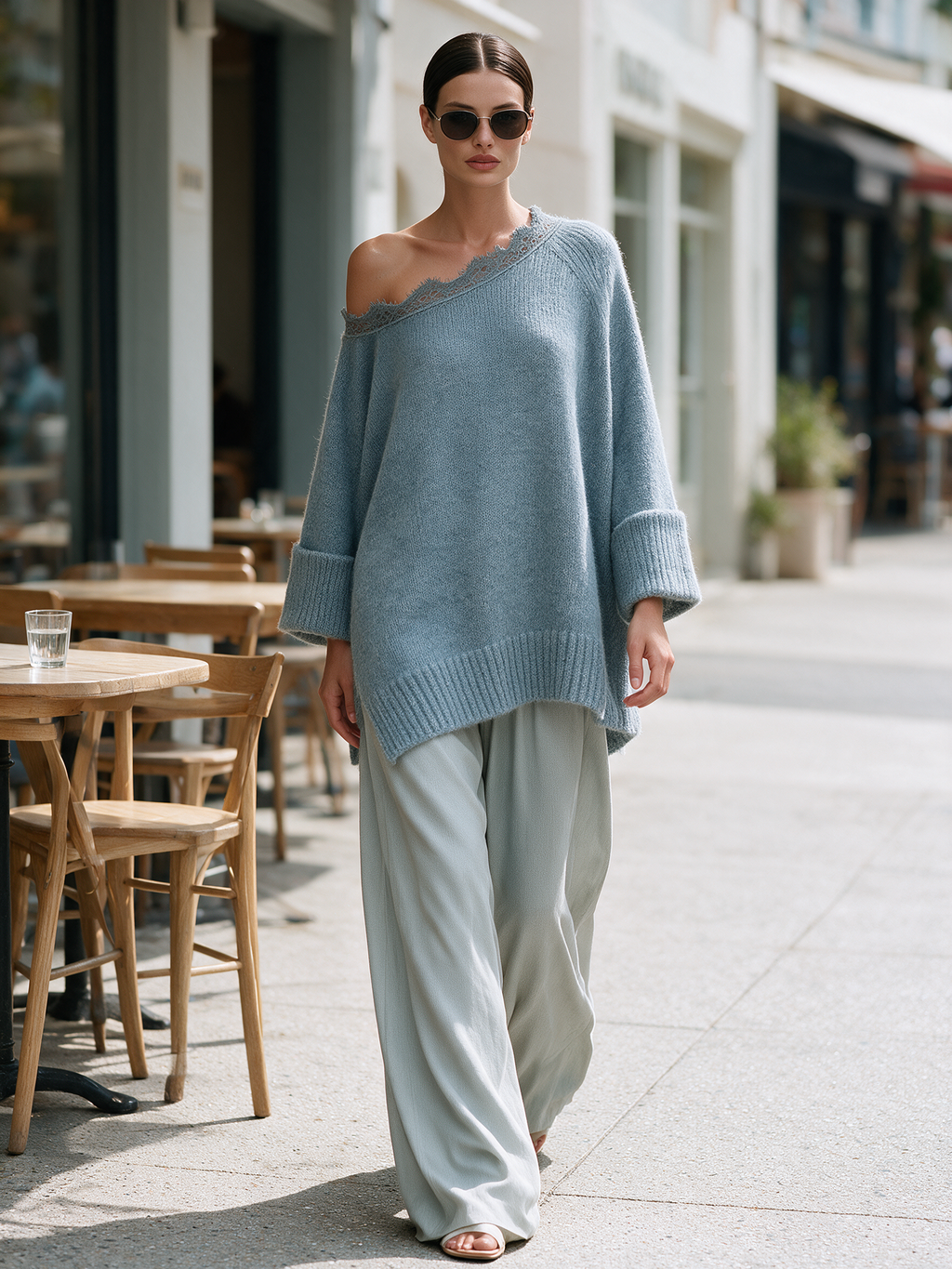 Lace Trim Off‑Shoulder Oversized Knit Sweater