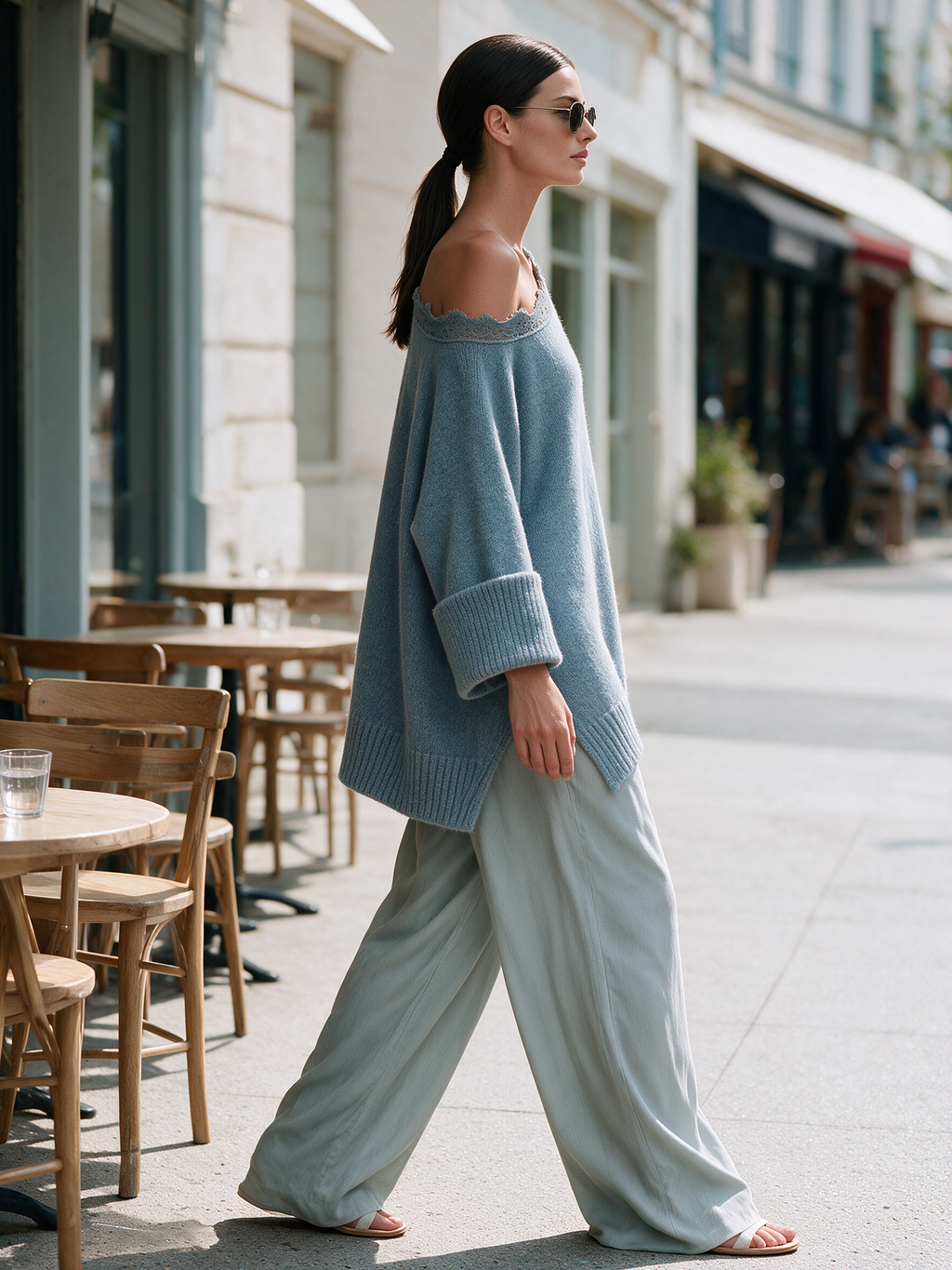 Lace Trim Off‑Shoulder Oversized Knit Sweater