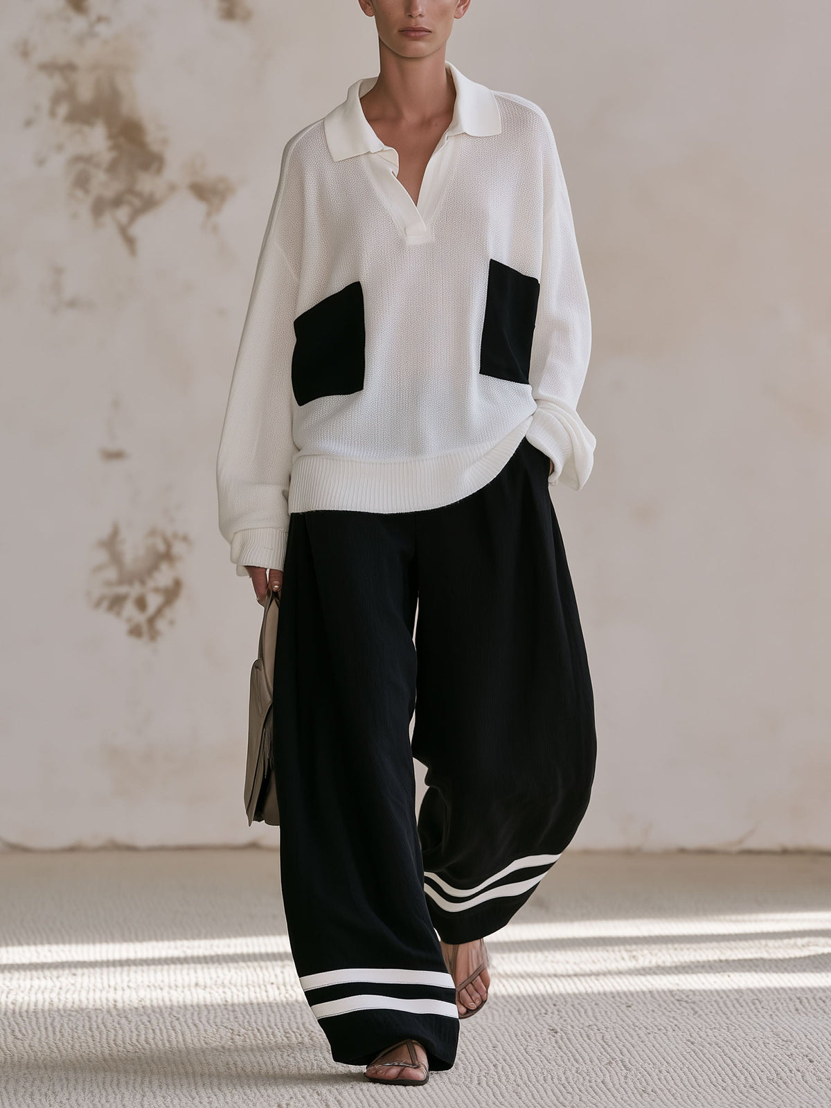 Women Contrast Pocket Knit Polo Matching Set Black White Stripe Trousers Co-ord