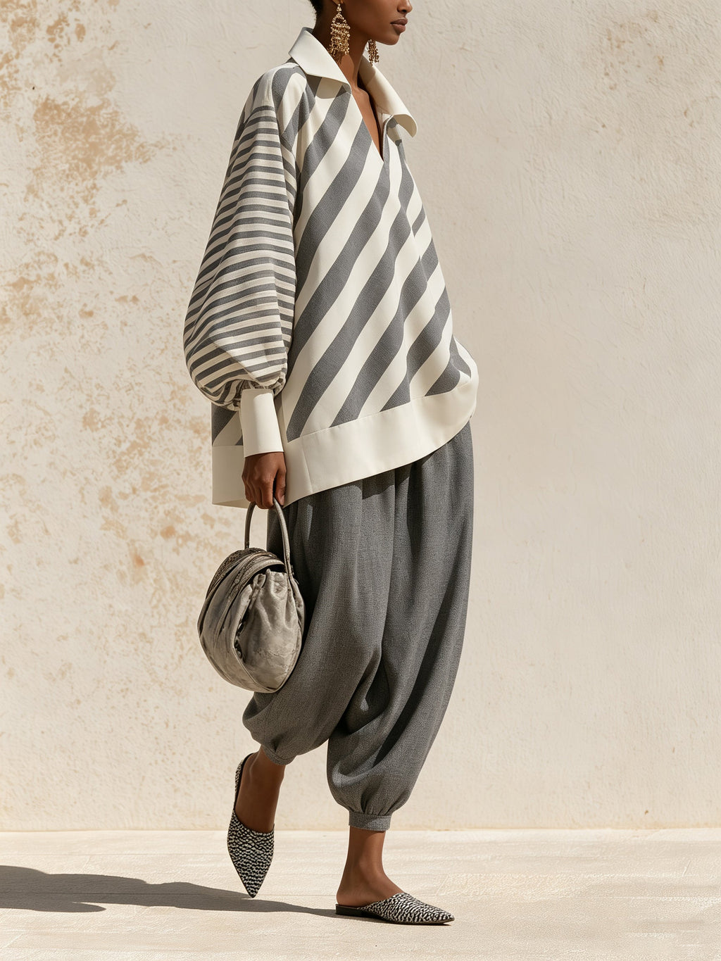 Striped V-Neck Shirt & Harem Pants Set
