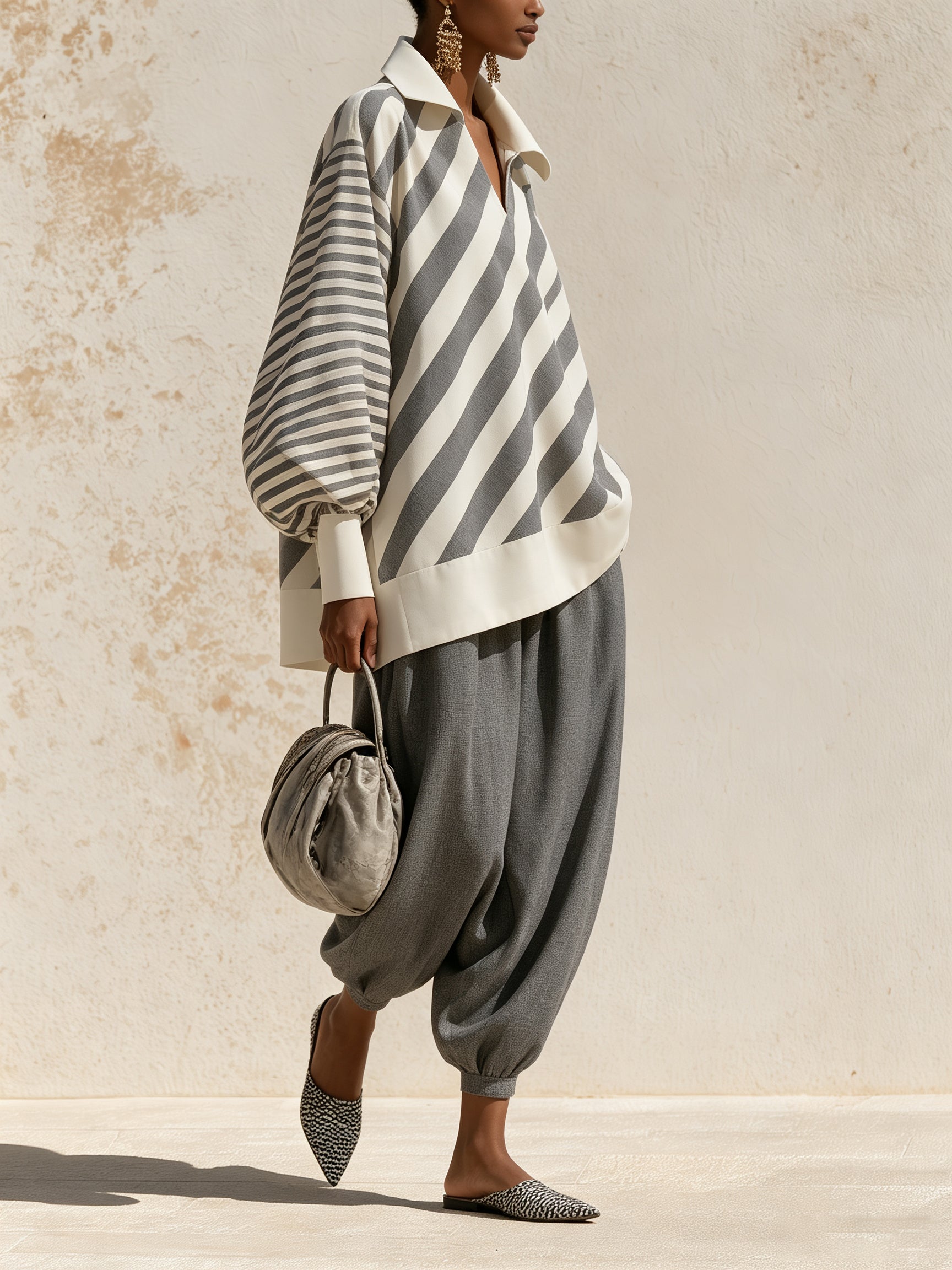 Striped V-Neck Shirt & Harem Pants Set