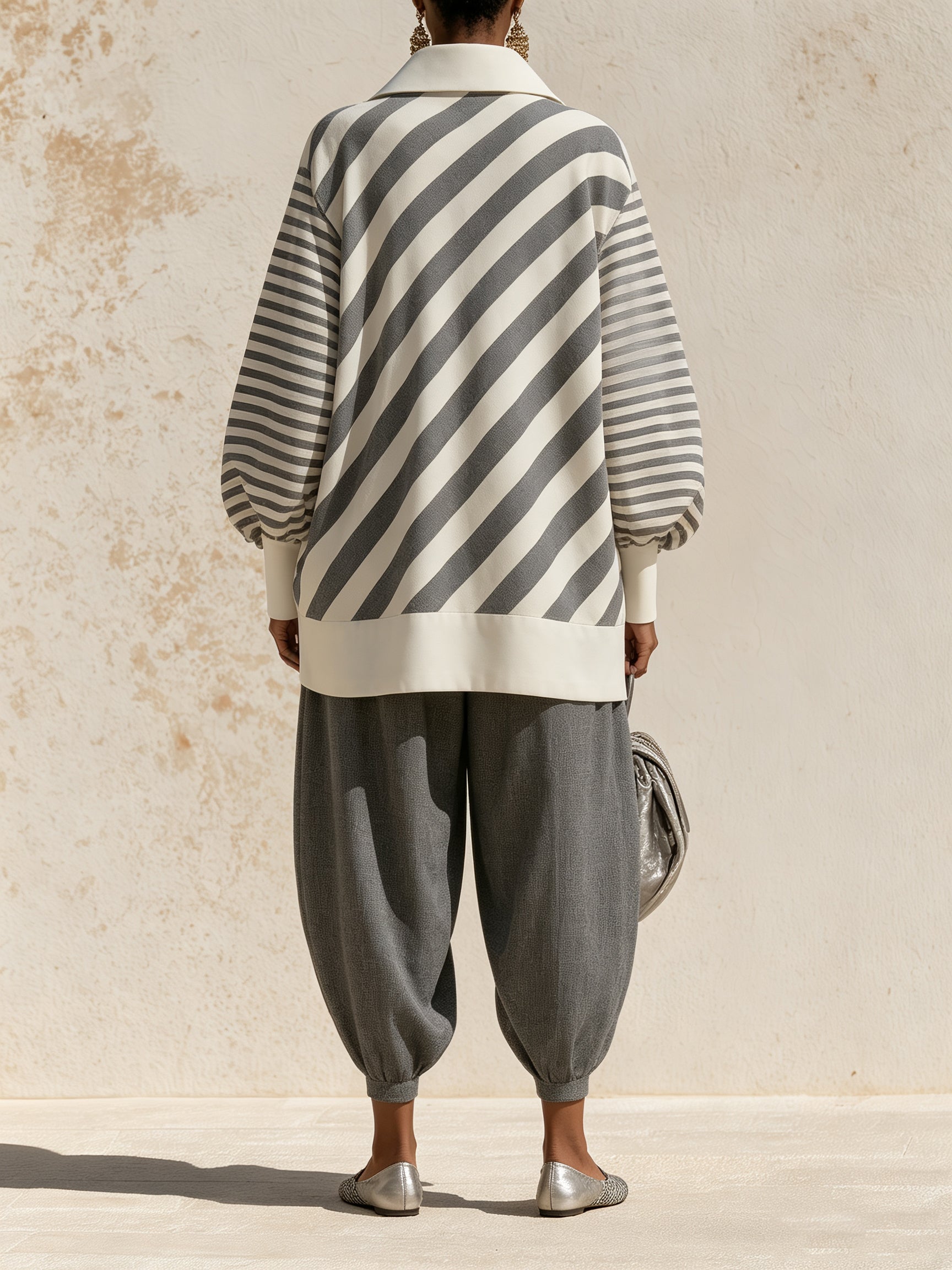 Striped V-Neck Shirt & Harem Pants Set