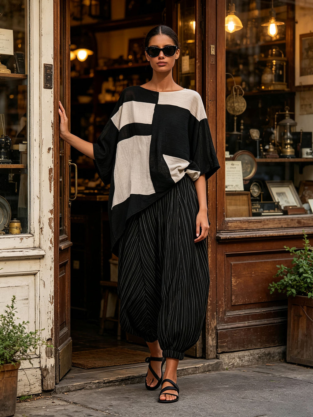 Geometric Color‑Block Asymmetrical Top & Stripe Harem Pants 2‑Piece Set