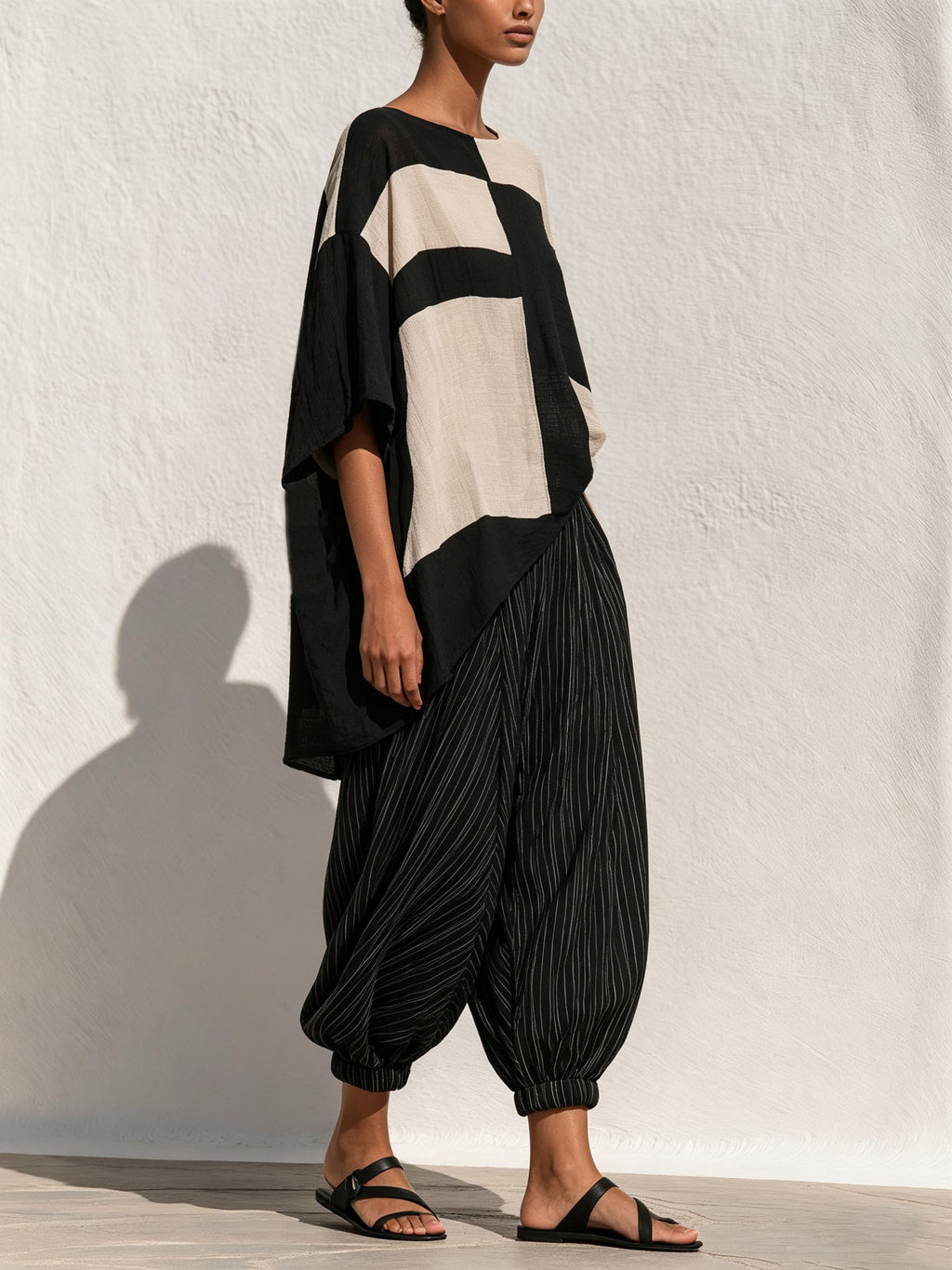 Geometric Color‑Block Asymmetrical Top & Stripe Harem Pants 2‑Piece Set