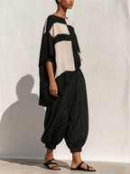 Geometric Color‑Block Asymmetrical Top & Stripe Harem Pants 2‑Piece Set