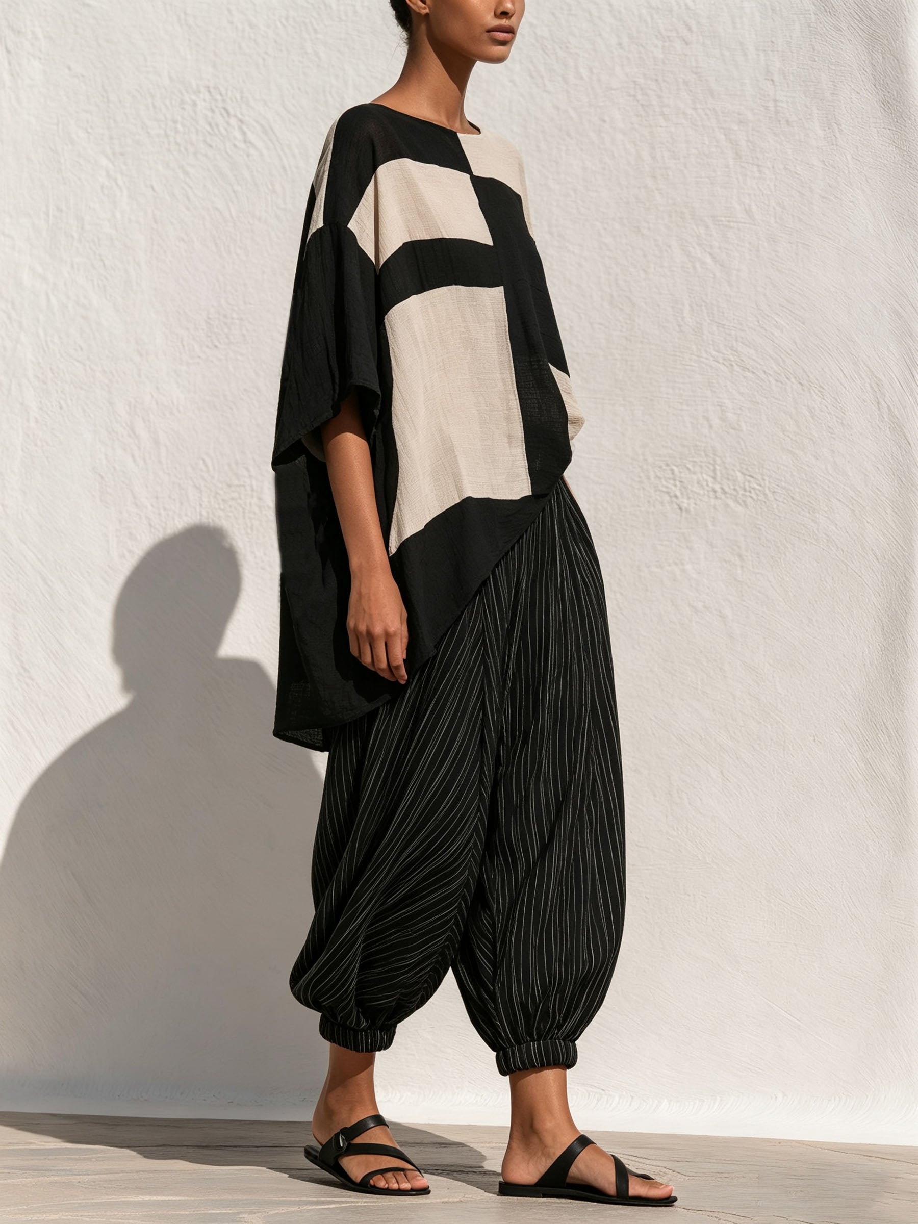 Geometric Color‑Block Asymmetrical Top & Stripe Harem Pants 2‑Piece Set
