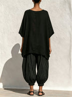 Geometric Color‑Block Asymmetrical Top & Stripe Harem Pants 2‑Piece Set